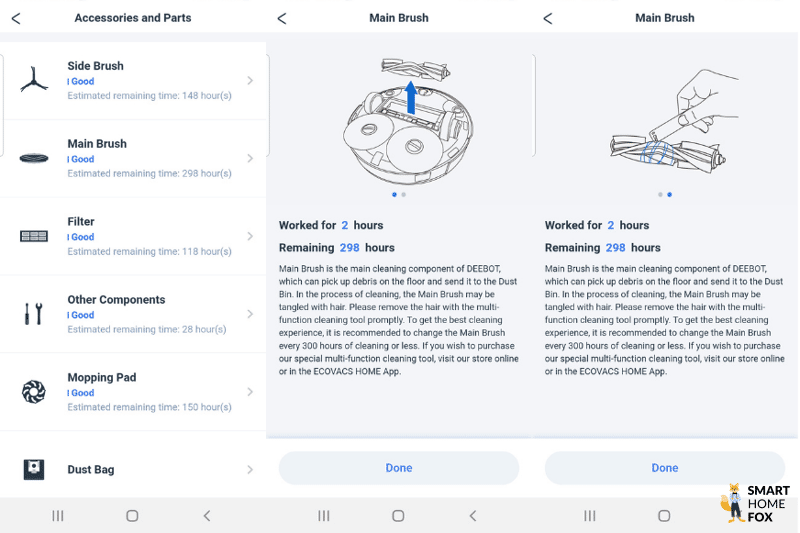 Informationen über die Wartung der einzelnen Komponenten des Ecovacs Deebot X1 OMNI werden in der App dargestellt